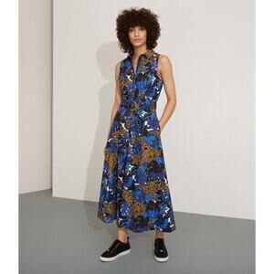 Karen Millen‎ Size 4 Shirt Dress Leopard Palm Print- Blue Midi Maxi- Cotton